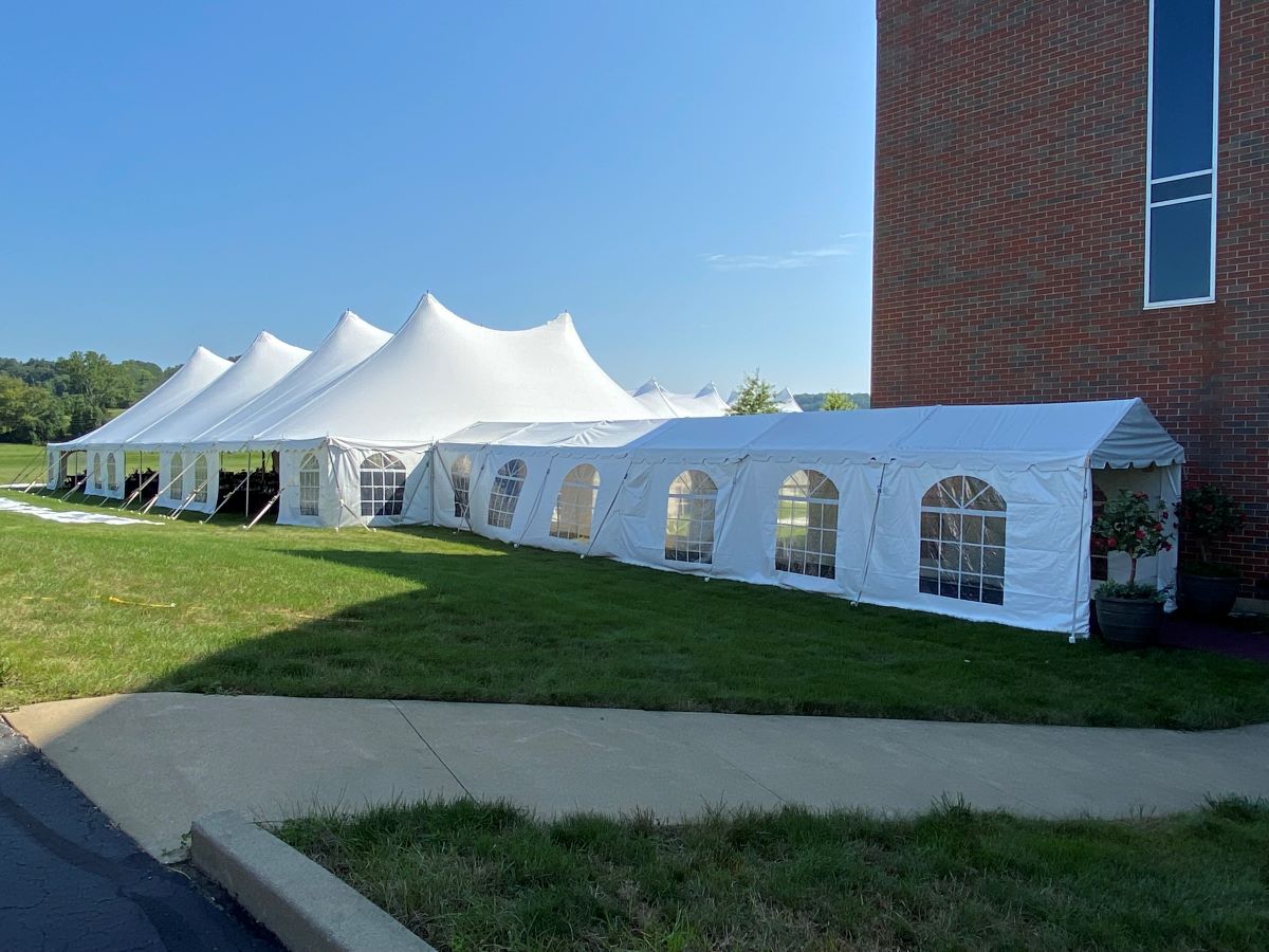 9x60 Marquee Entrance Tent Connected to a 60x120 Century Twin Peak Pole Tent